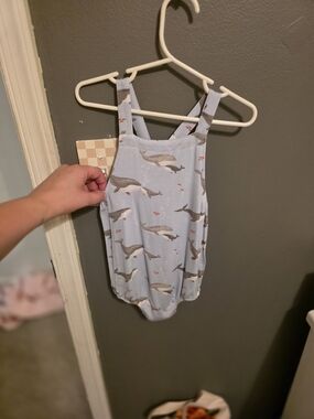 Angel Dear Light Blue Whale-Print Baby Romper with Snap Straps